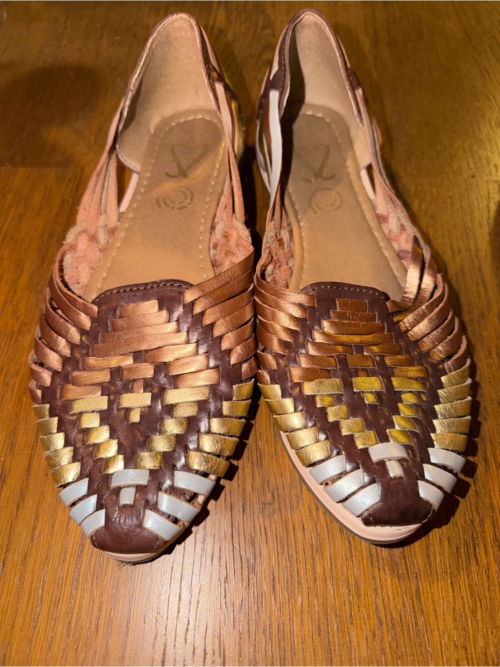 Handwoven Leather Huarache Flats in Brown, Gold & White